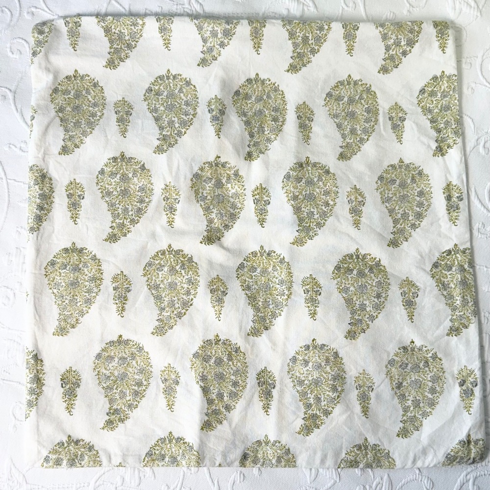 Pottery Barn 18x18 Cotton Pillow Cover White Green Blue Paisley Block Print Boho